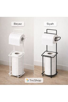 TncPatiShop Standlı Tuvalet Kağıtlığı Metal WC Kağıtlık Yedek Rulo Bölmeli Siyah