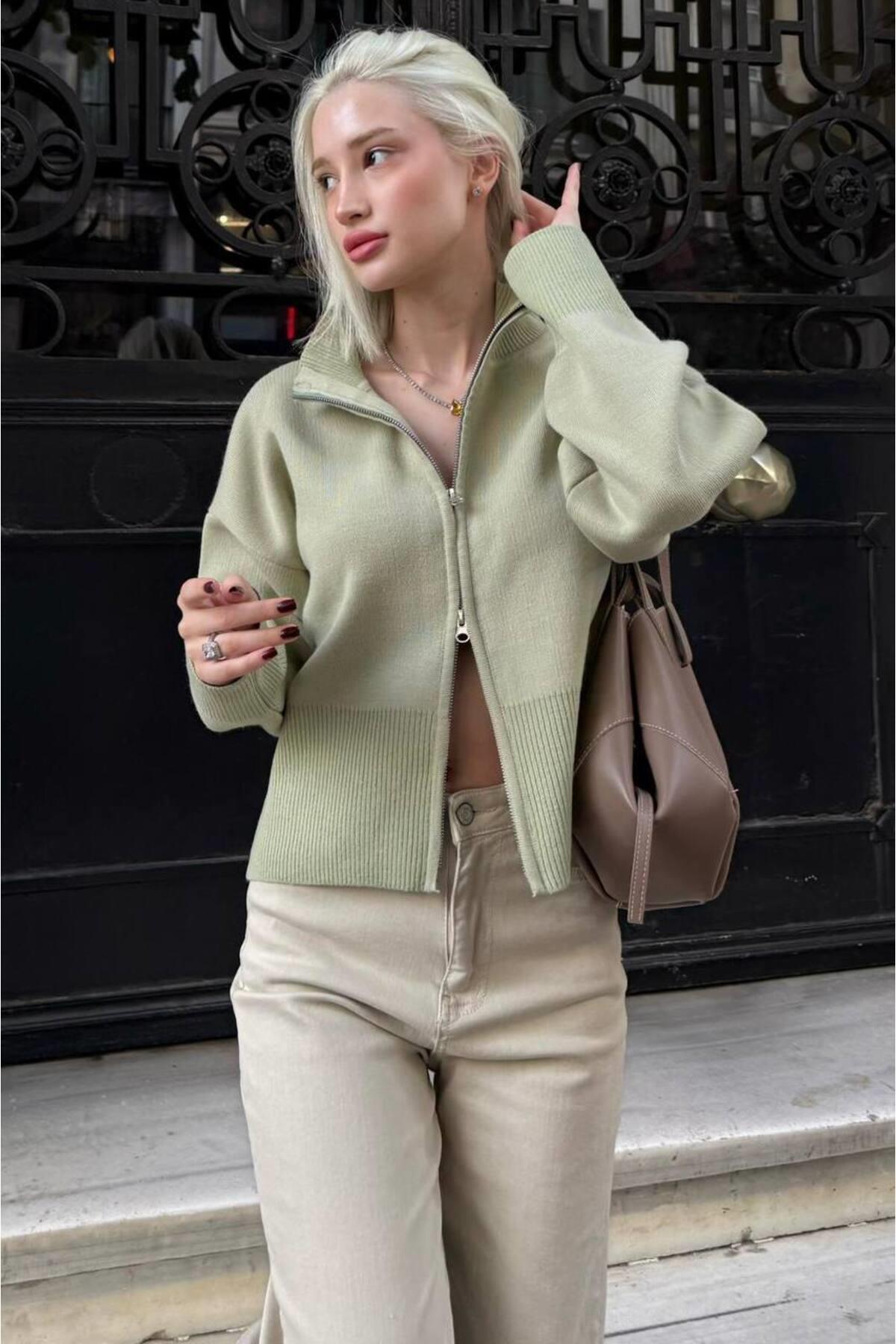 Seeh  Mint Yeşili Çift Fermuarlı Dik Yaka Kadın Triko Hırka SH348 - Görsel 3