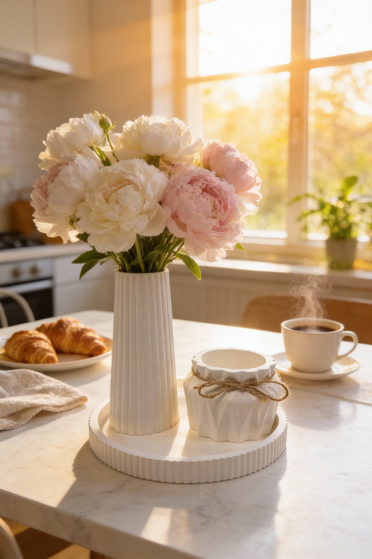 Minimal Concrete Decor Vase Set – Long and Mini Vase on Round Tray | Modern Design