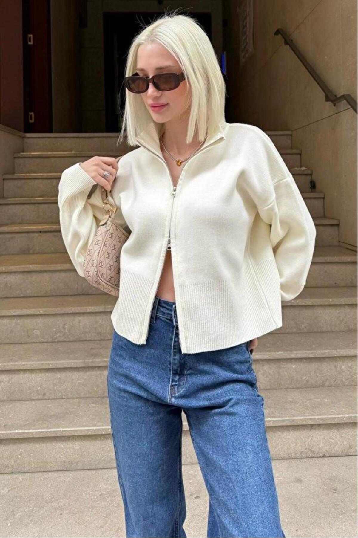 Seeh Ekru Çift Fermuarlı Dik Yaka Kadın Triko Hırka SH348 görsel 2