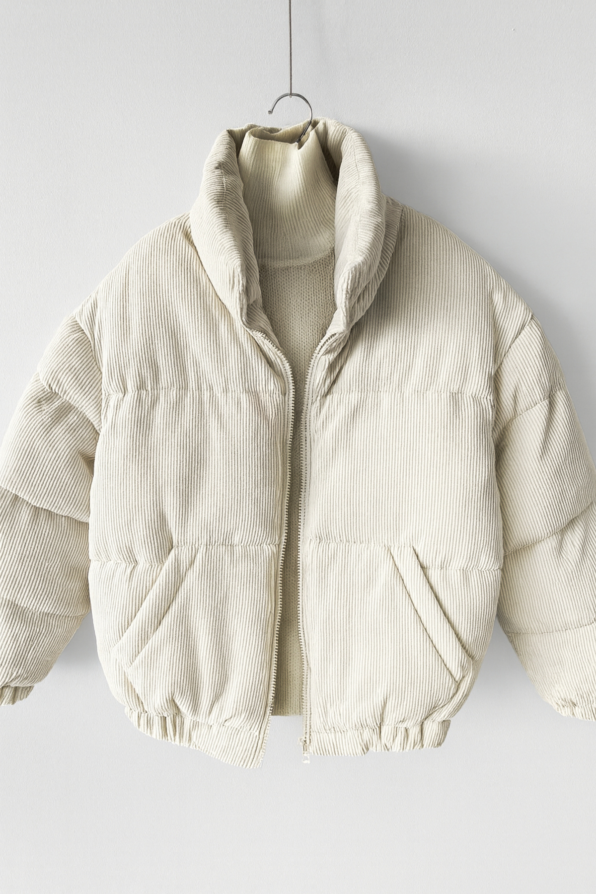 Cream Turtleneck Corduroy Velvet Filled Coat
