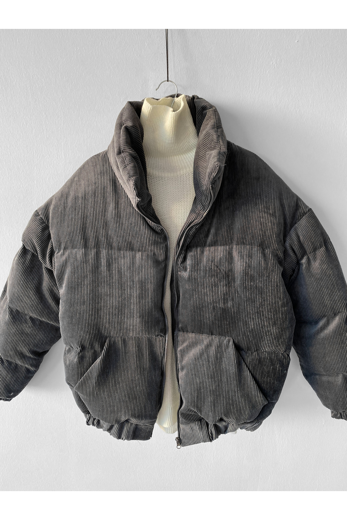 Grey Turtleneck Velvet Ribbed Puffer Coat