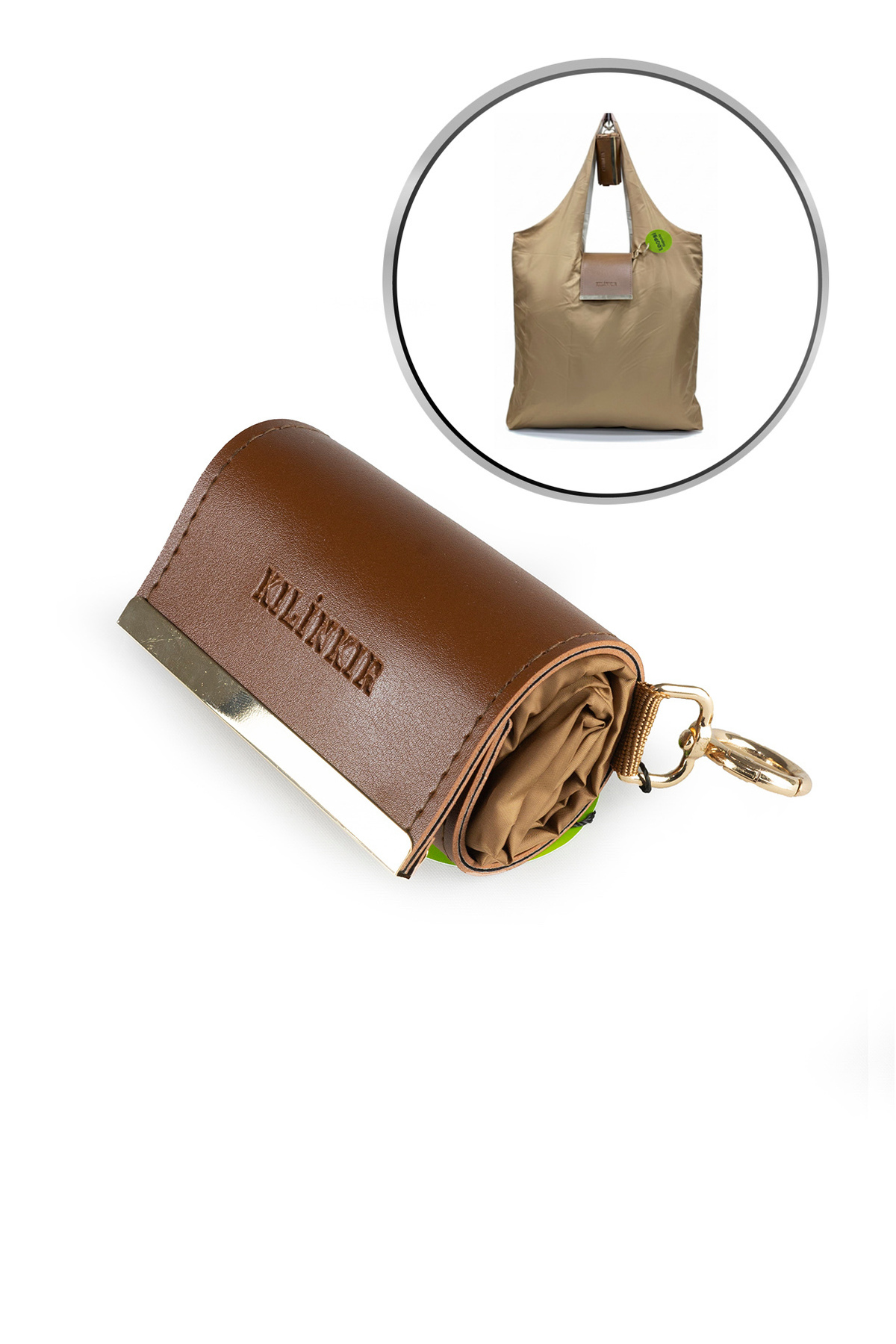 Satin Fabric Folding Roll Practical Snap Capsule Shopping Market Beach Pocket Hand/Sleeve Bag Tan K004