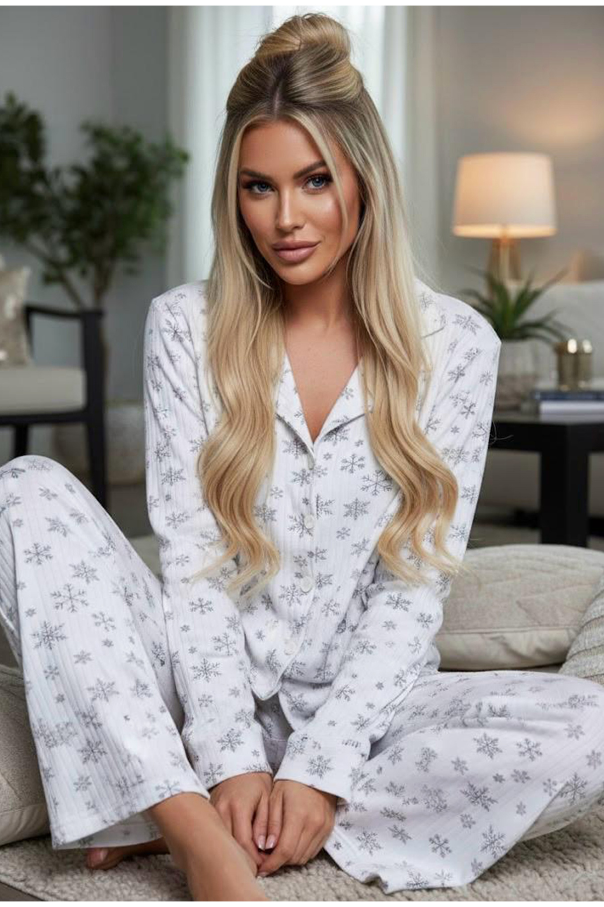 Siyah İnci Комплект зимни памучни пижами с мек допир и мотив на снежинки, с к...