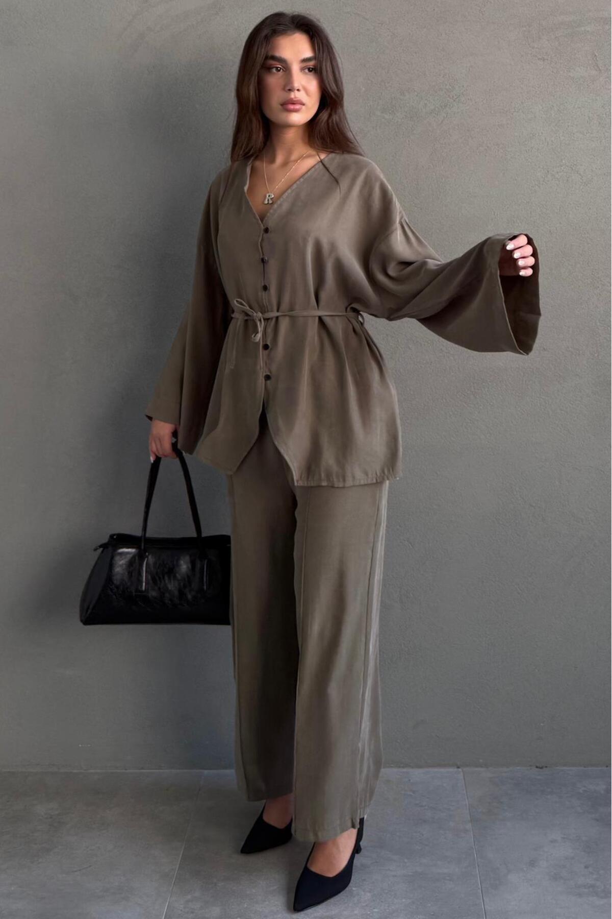 Mink V-Neck Buttoned Belted Double Modal Women's Suit MG2619