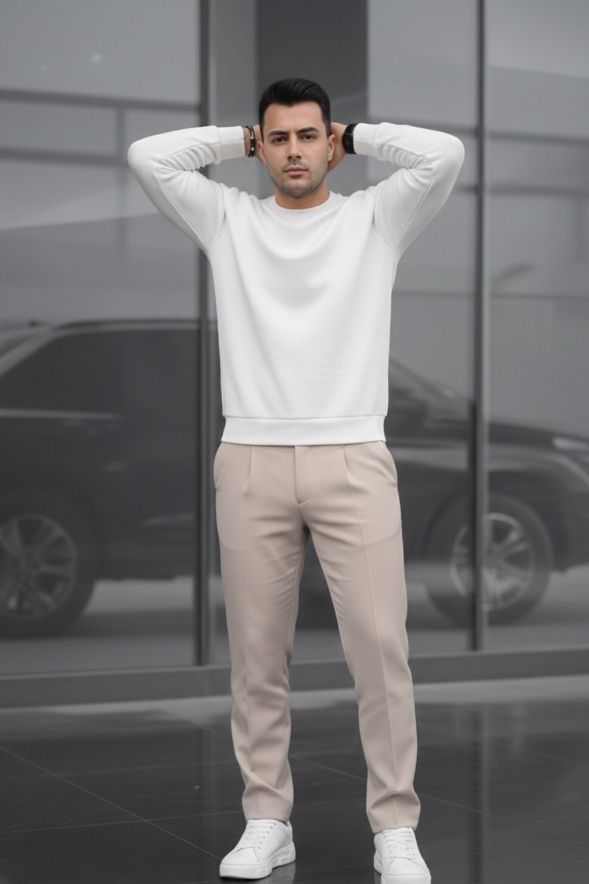 COMBİNE MİCHAİL Erkek Çift Pileli Salaş Krem Baggy Pantolon görsel 6