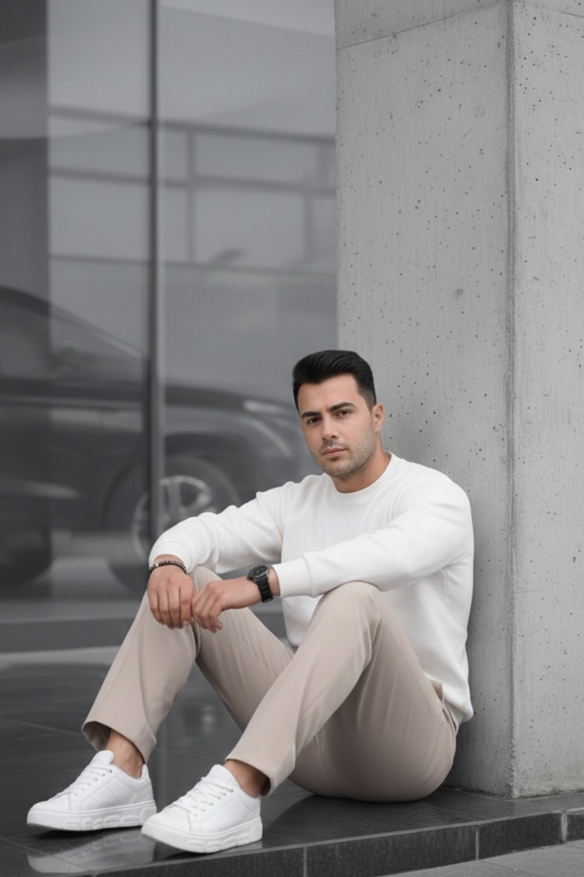 COMBİNE MİCHAİL Erkek Çift Pileli Salaş Krem Baggy Pantolon görsel 4