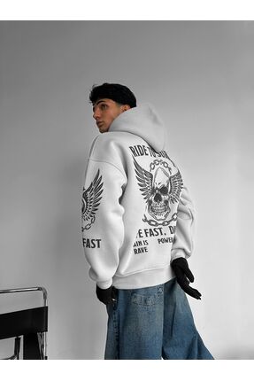 APHELIOS "Ride to Survive" Kuru Kafa Baskılı Oversize Kapüşonlu Sweatshirt