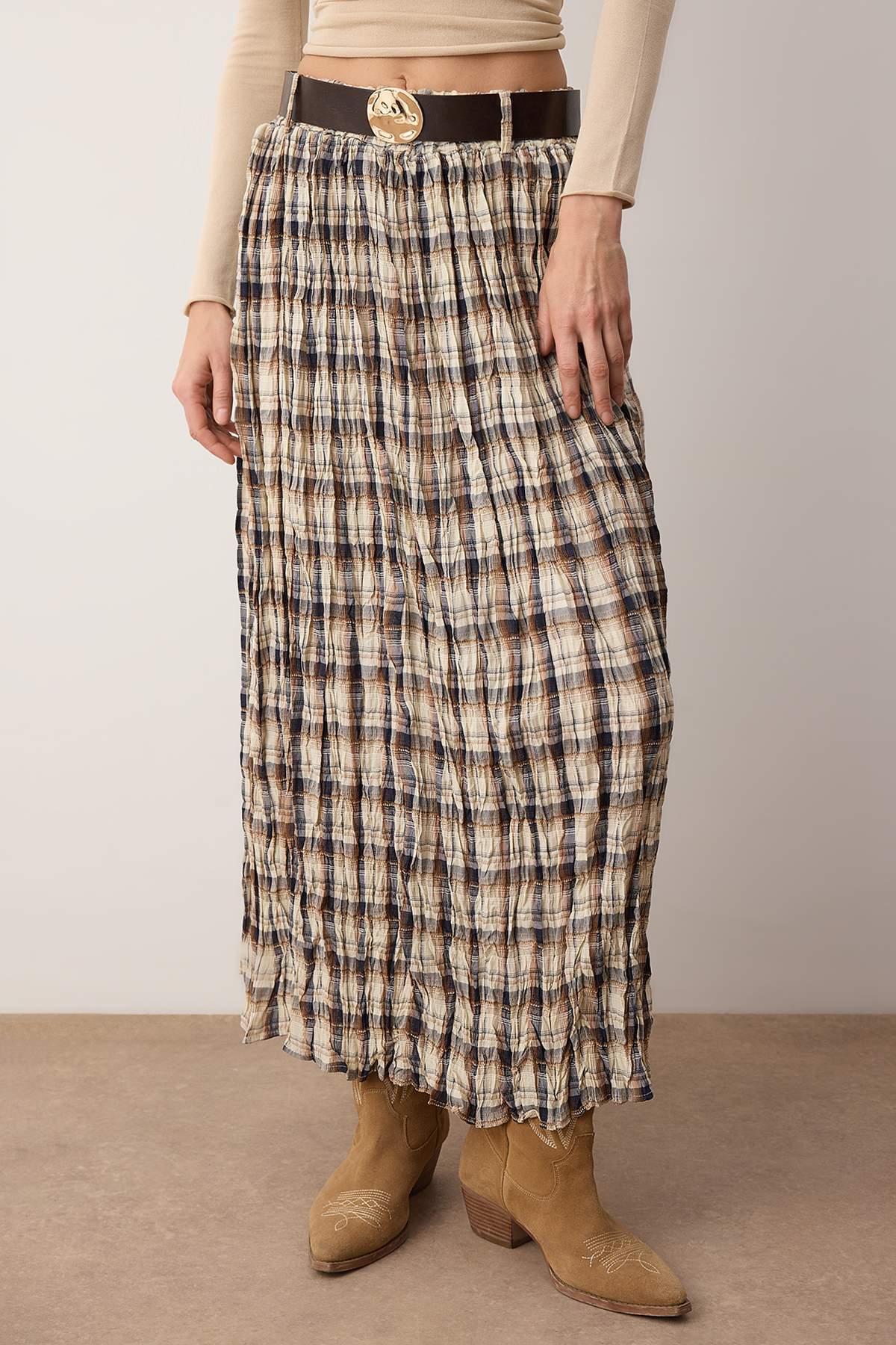 Trendyolmilla  Çok Renkli Ekoseli Kemerli Kırışık Dokuma Uzun Maxi Etek TWOAW26ET00174 - Görsel 6