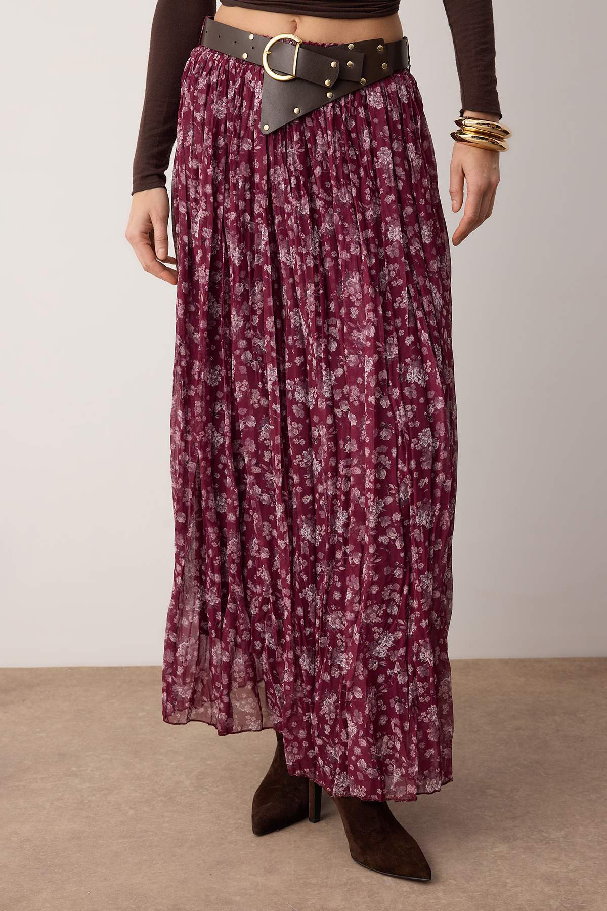 Trendyolmilla  Pembe Kemerli Çiçekli Şifon Kırışık Dokuma Uzun Etek TWOAW26ET00171 - Görsel 3