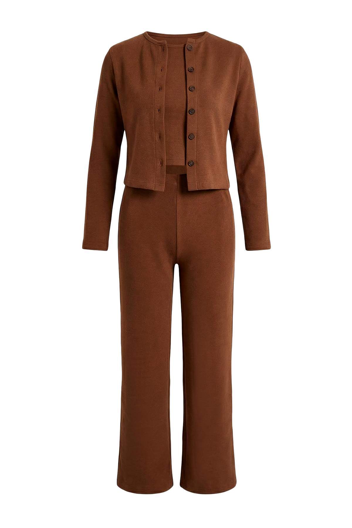 Trendyolmilla  Açık Kahverengi 3'Lü Selanik/Triko Görünümlü Düğmeli Esnek Örme Alt - Üst Takım TWOAW26AU00052 - Görsel 6