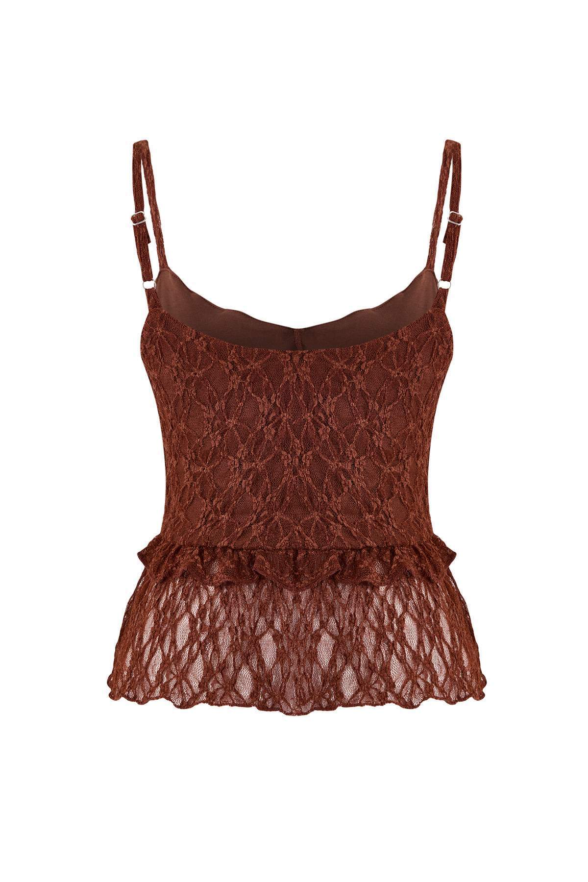 Trendyolmilla  Kahverengi Fitted/Vücuda Oturan V Yaka Kolsuz Volanlı/Fırfırlı Dantel Örme Bluz TWOSS26BZ00032 - Görsel 7