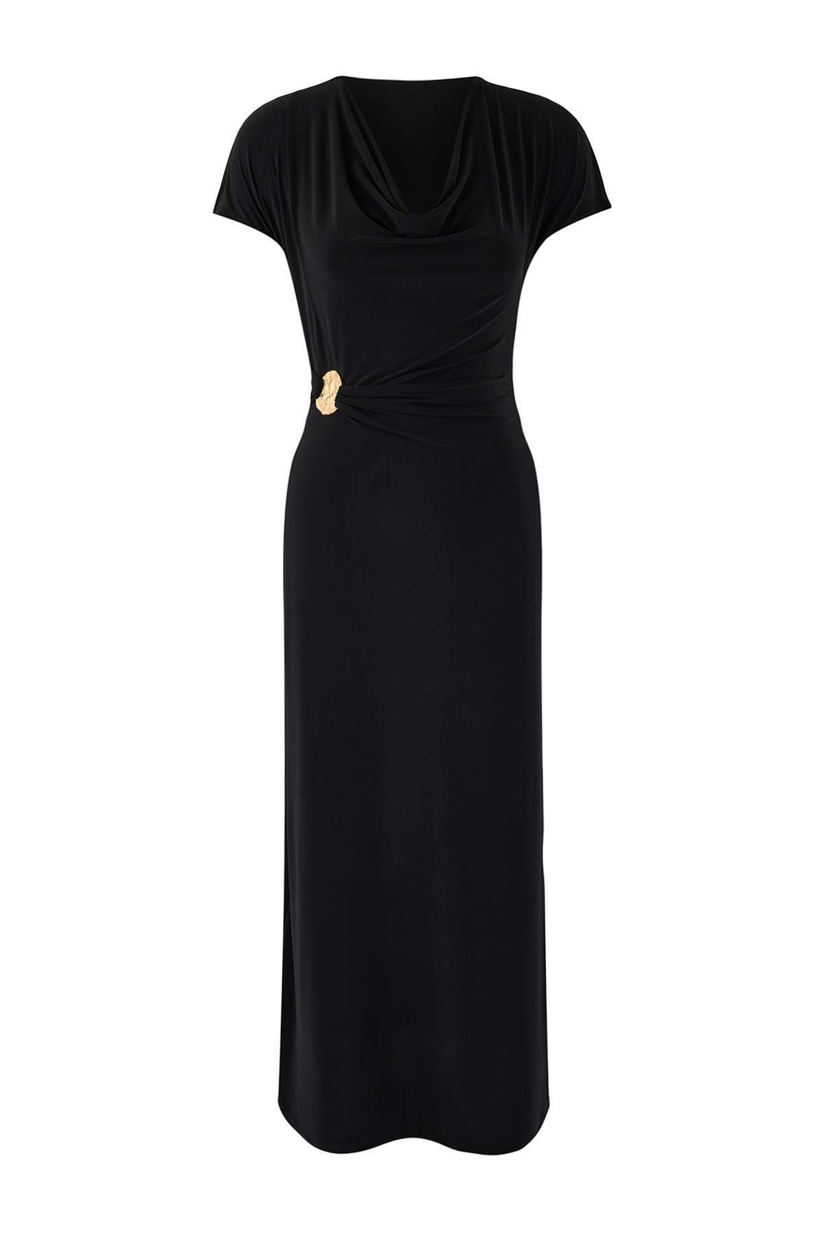 Trendyolmilla  Siyah A-Kesim/Çan Form Degaje Yaka Aksesuar Detaylı Maxi Esnek Örme Elbise TWOSS26EL00106 - Görsel 5