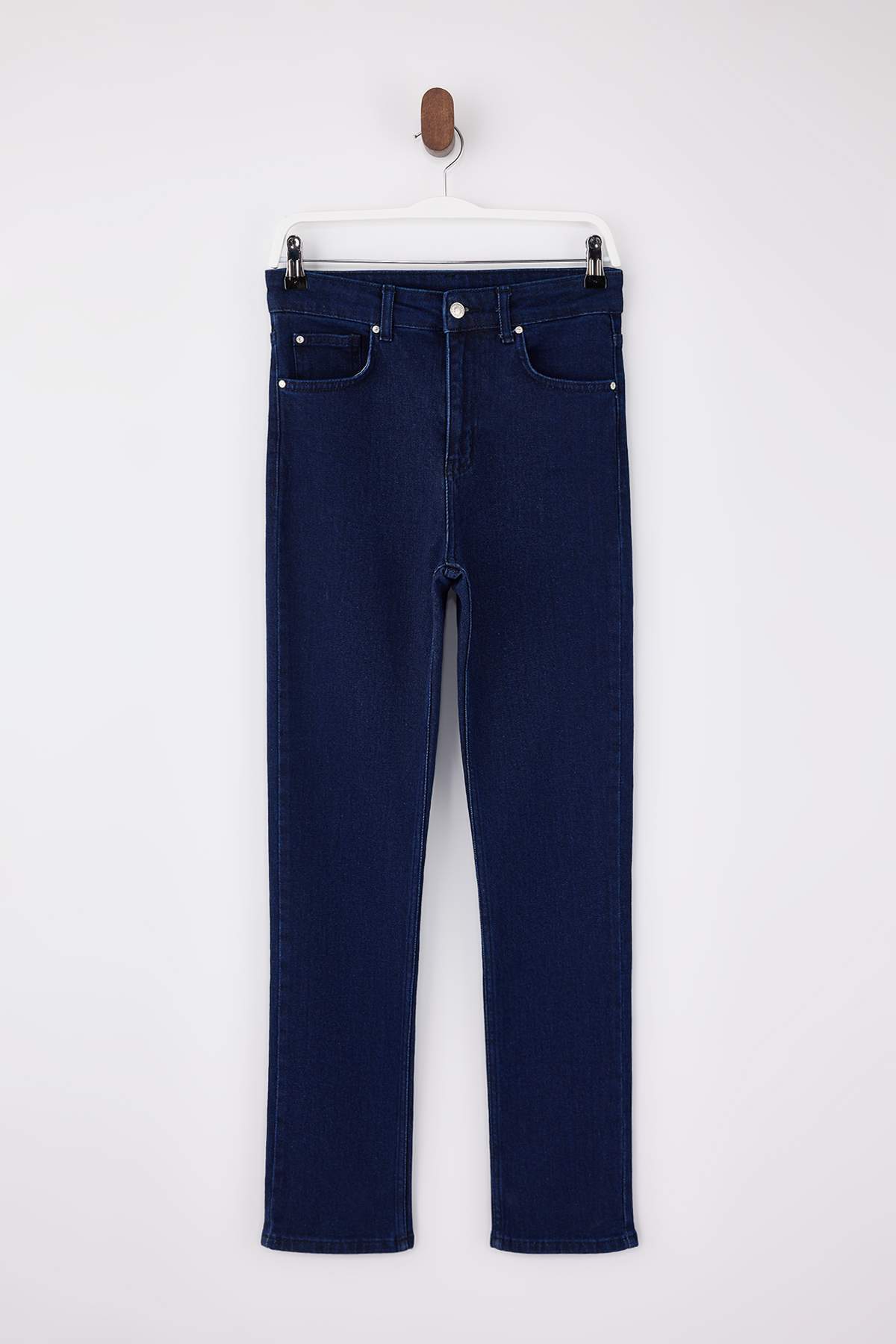 Trendyolmilla  Koyu Mavi Yüksek Bel Az Esnek Straight Düz Kesim Slim Jeans TWOSS26JE00102 - Görsel 5