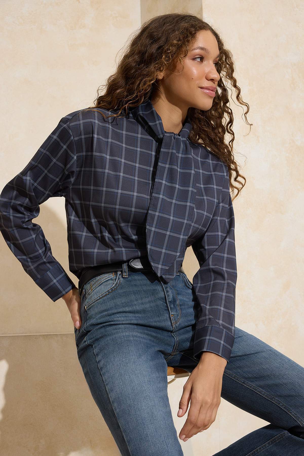 Trendyolmilla  Mavi-Çok Renkli Ekose Fular Detaylı Oversize/Geniş Kalıp Gömlek TWOSS26GO00009 - Görsel 2