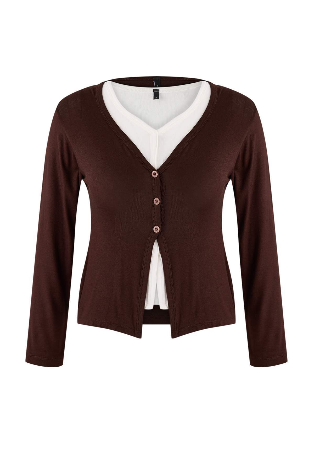 Trendyolmilla  Kahverengi 2'li Takım Fitted/Vücuda Oturan V Yaka Düğmeli Yumuşak Örme Bluz TWOSS26BZ00173 - Görsel 7