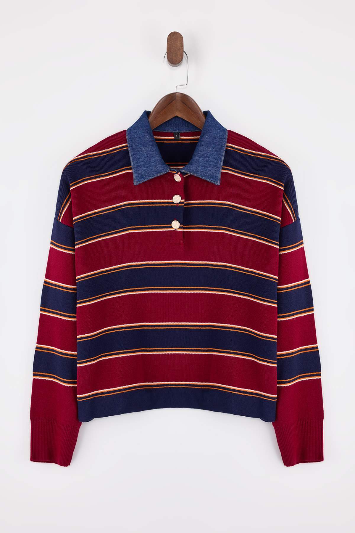 Trendyolmilla  Çok Renkli Çizgili Denim Garnili Polo Yaka Triko Kazak TWOAW26KZ00283 - Görsel 5