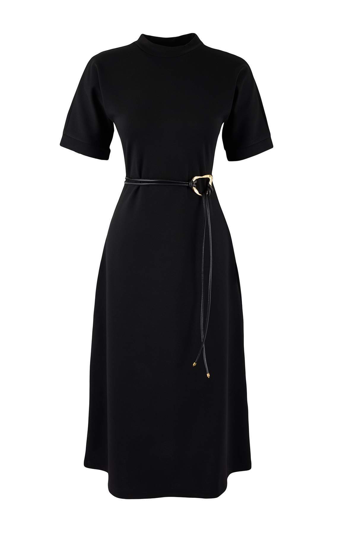 Trendyolmilla  Siyah A-Kesim/Çan Form Dik Yaka Kısa Kollu Kemerli Midi İnterlok Örme Elbise TWOSS26EL00109 - Görsel 5