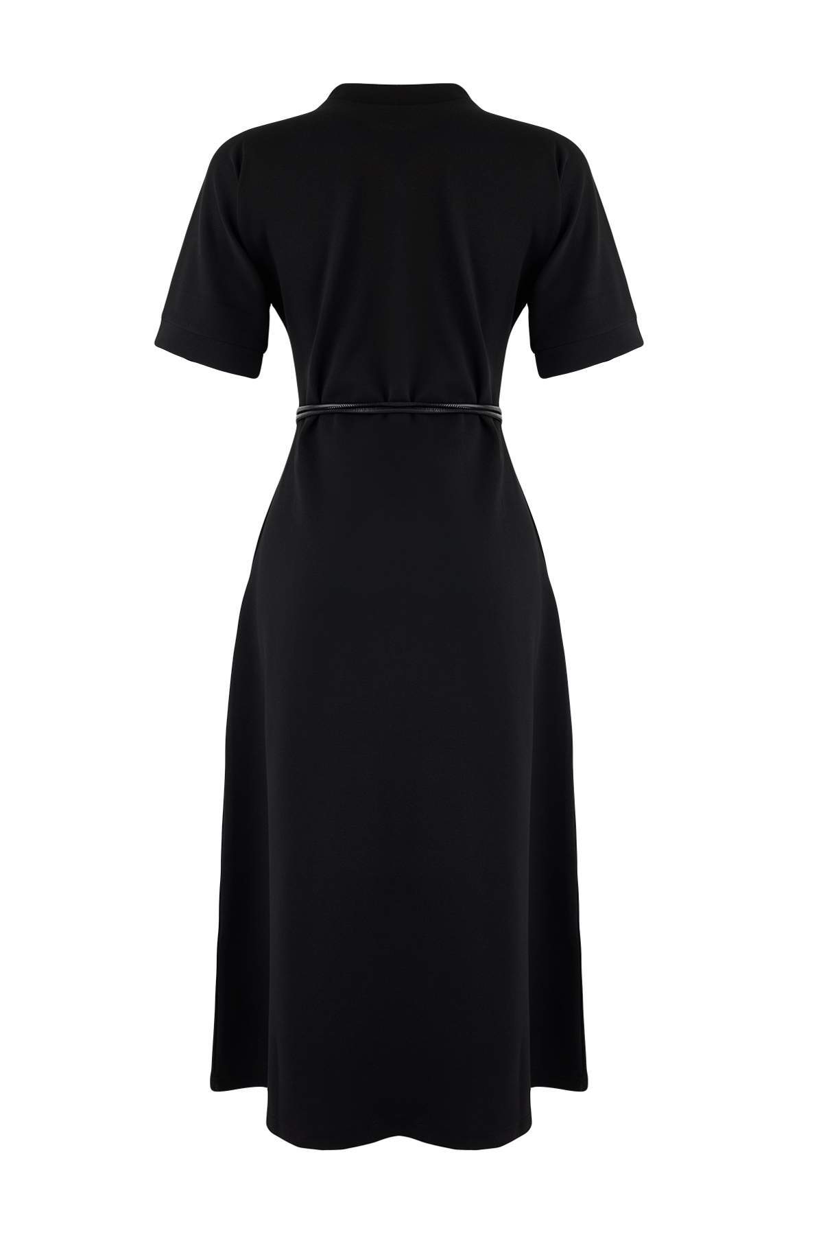 Trendyolmilla  Siyah A-Kesim/Çan Form Dik Yaka Kısa Kollu Kemerli Midi İnterlok Örme Elbise TWOSS26EL00109 - Görsel 6