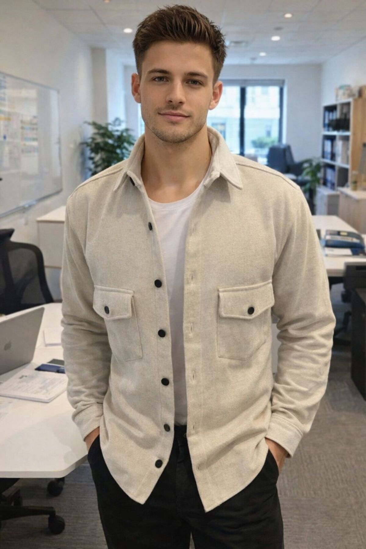 COOL TARZ  Kırık Beyaz Erkek Slim Fit Düğmeli Yaka Çift Cepli Düz Oduncu Gömlek - Görsel 2