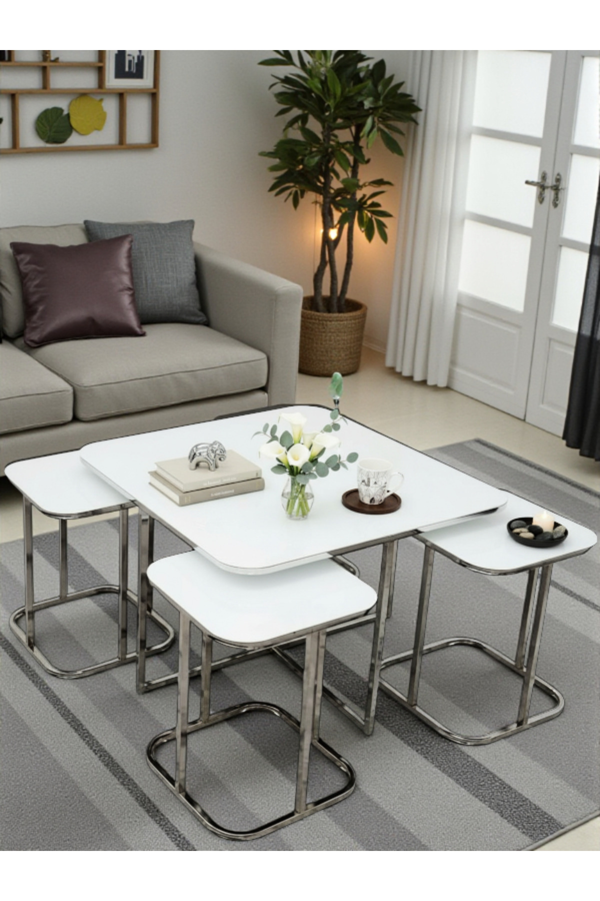 5li Orta Zigon 4 1 Beyaz Temperli Cam Gümüş Metal Ayak Takım Sehpa Sedaş_lıvıng_unıts_sehpa Bohem