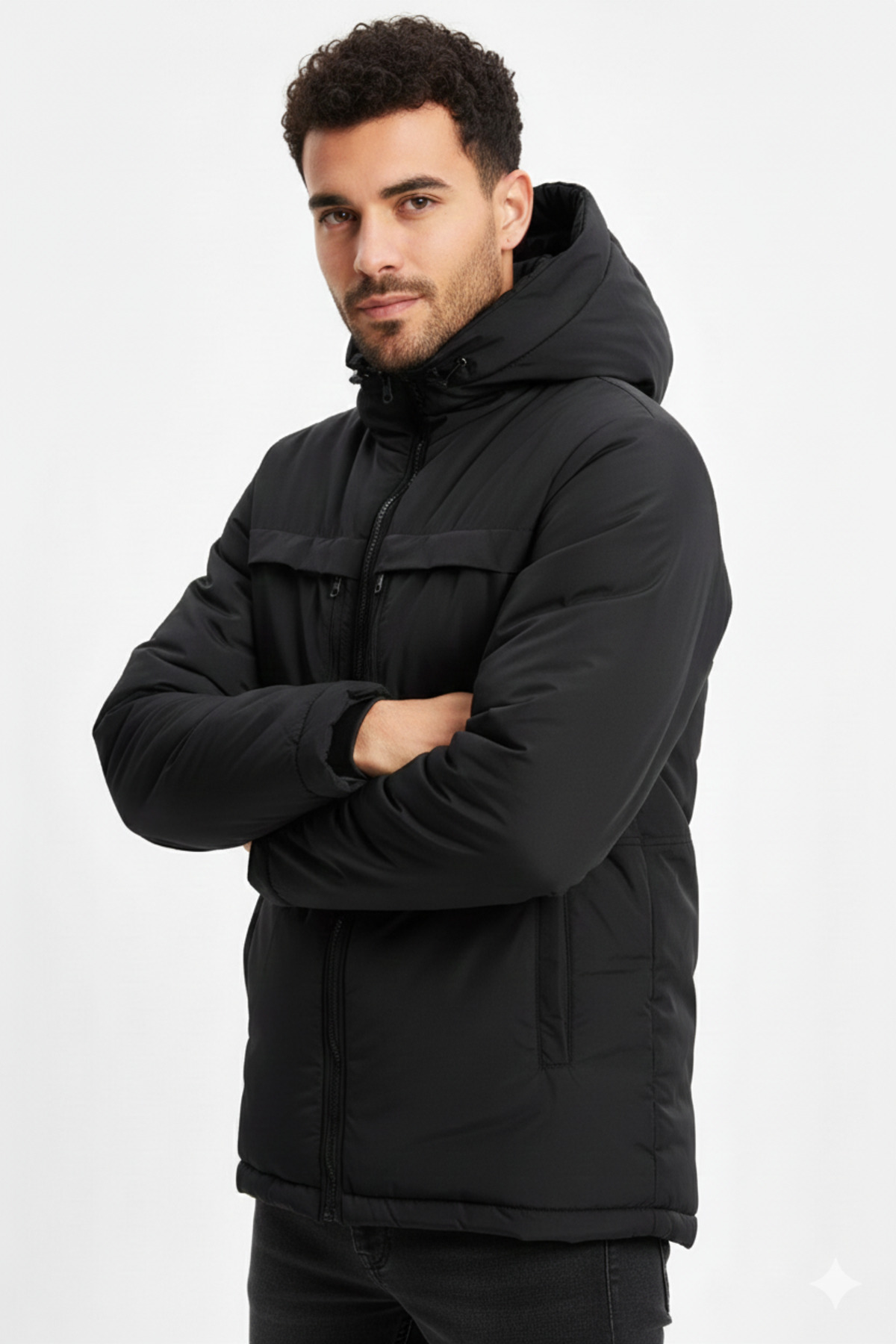 Erkek Siyah Elyaflı Rüzgar Geçirmez Kapüşonlu Kışlık Mont & Kaban & Parka — مشکی PA-190 — تصویر 3 از 8