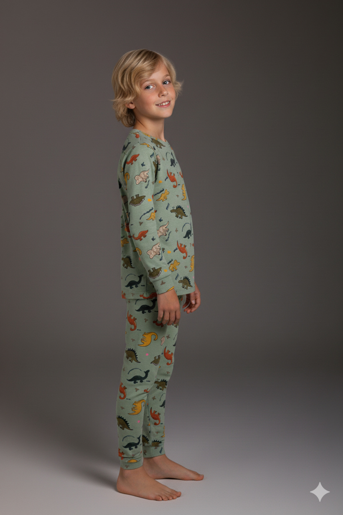 MADALİNA Erkek Çocuk %100 Pamuklu Yeşil Dino Desen Pijama Takımı fotoğrafı 2 (önizleme)