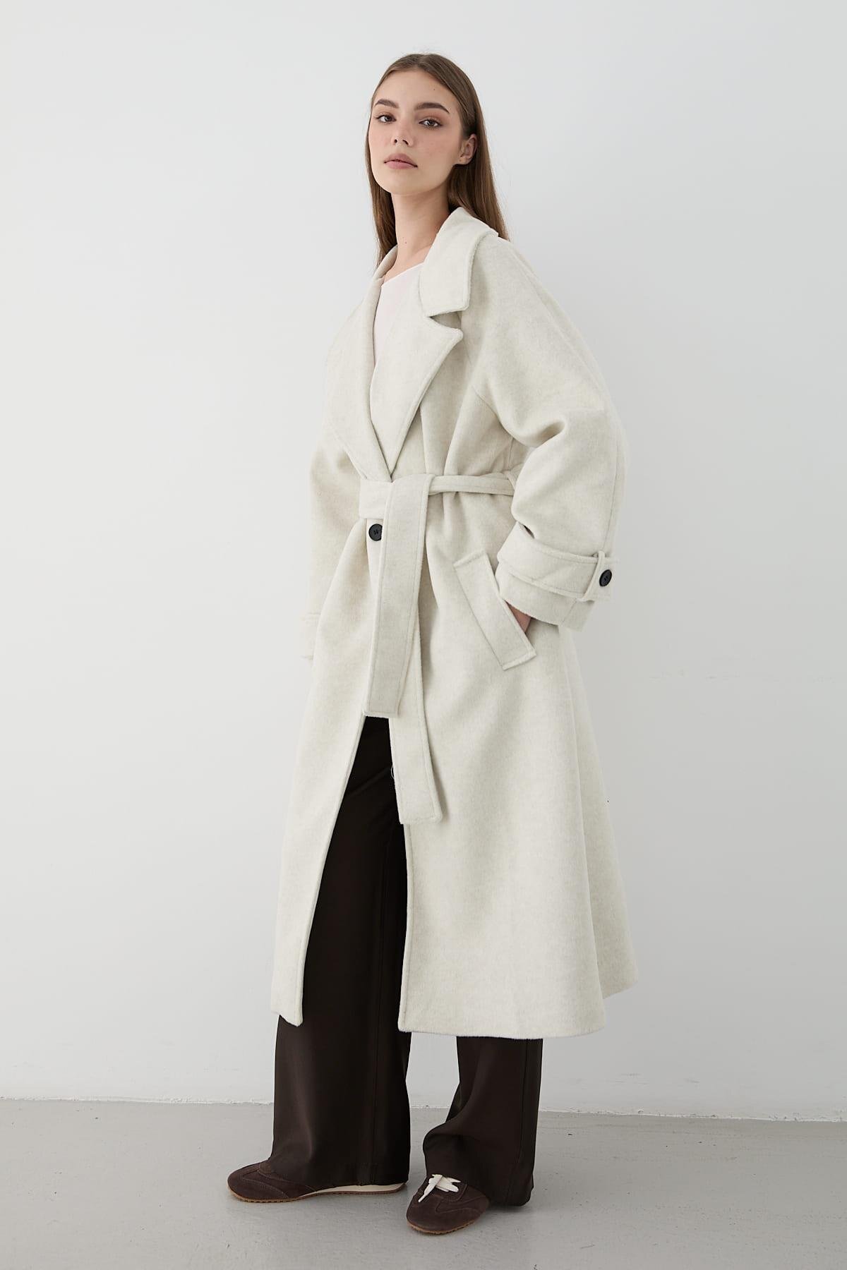 JASTE  Kadın Geniş Rever Yaka Kuşaklı Uzun Kaban TAŞ - Görsel 5