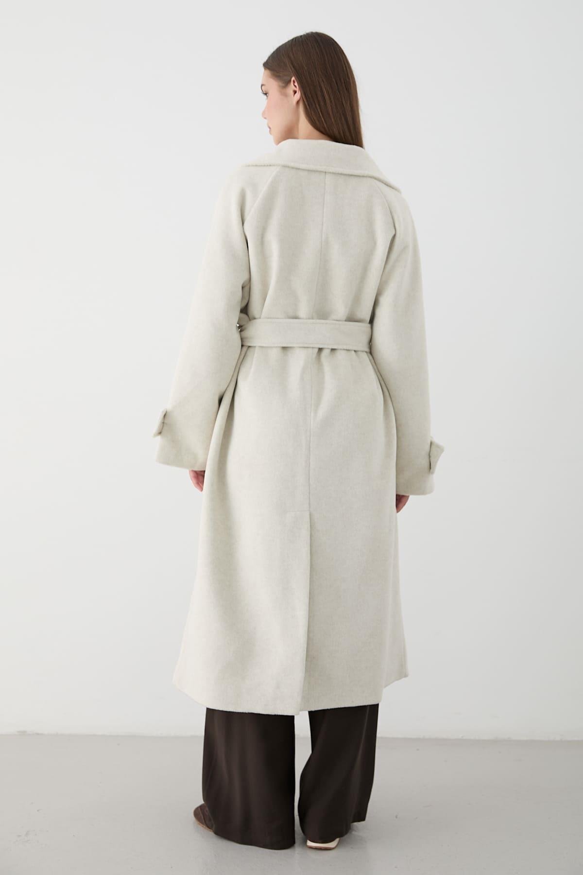 JASTE  Kadın Geniş Rever Yaka Kuşaklı Uzun Kaban TAŞ - Görsel 6