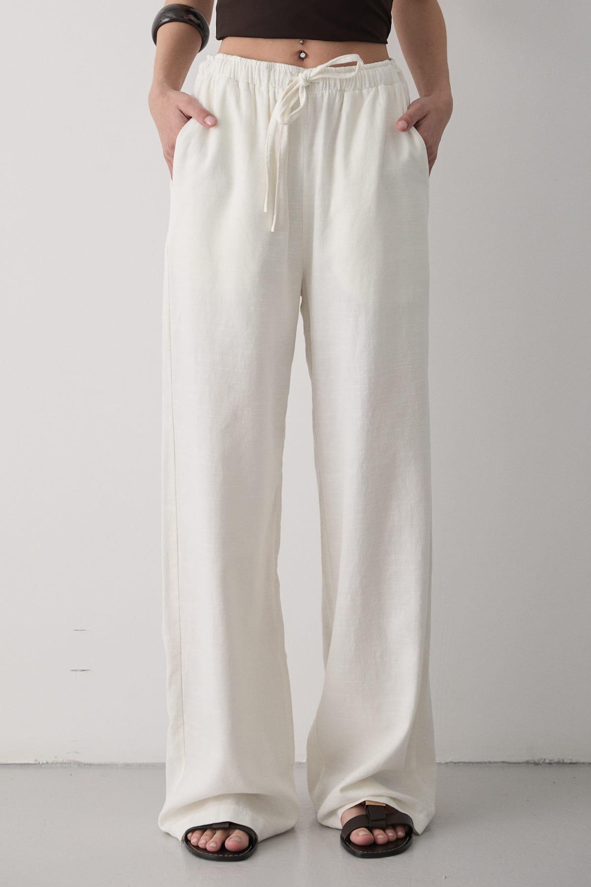 JASTE  Kadın Beli Lastikli Bol Paça Palazzo Keten Pantolon EKRU - Görsel 3