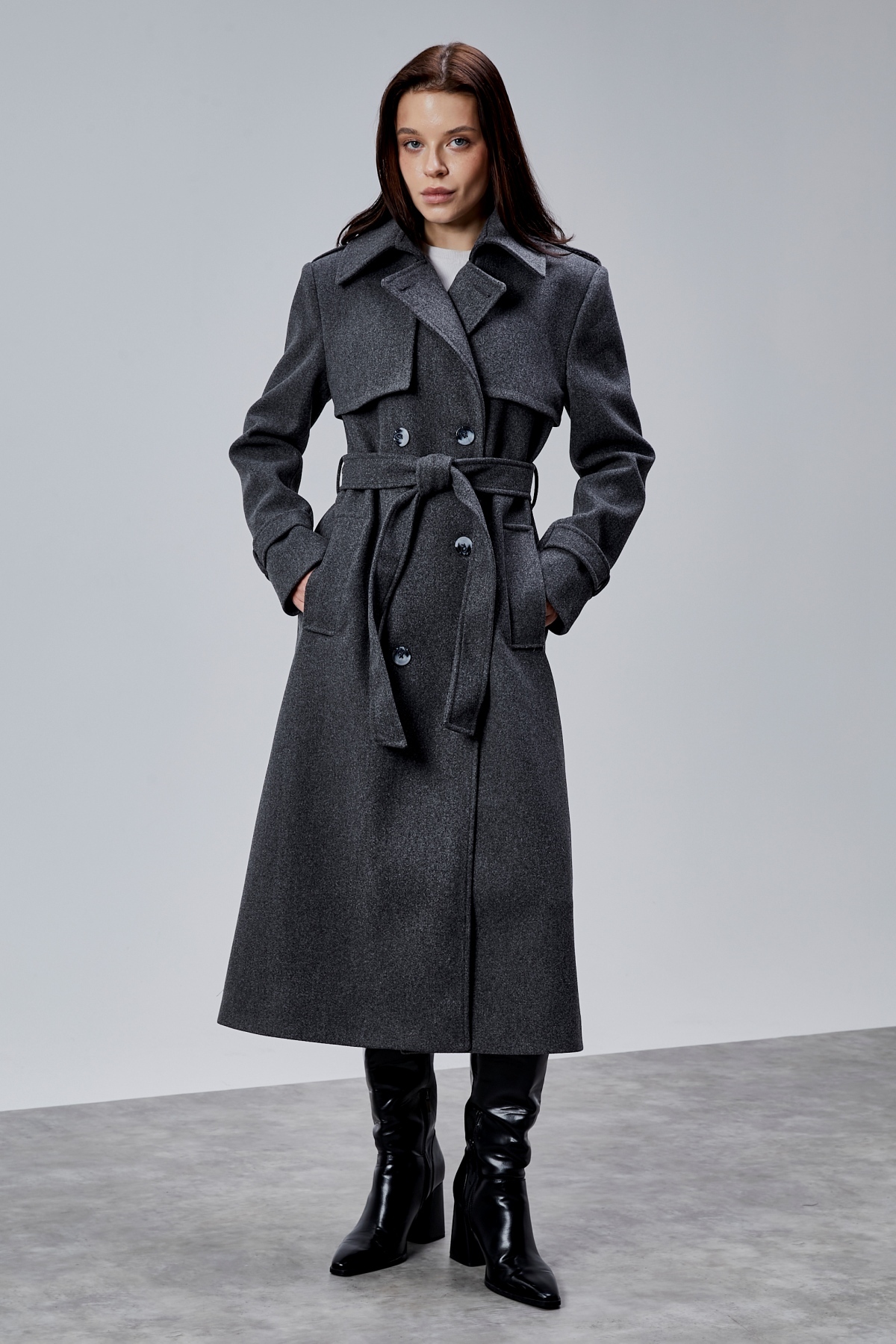 Bolivente  Koyu Gri Regular Rüzgarlık Detaylı Kaşe Kaban - Görsel 3