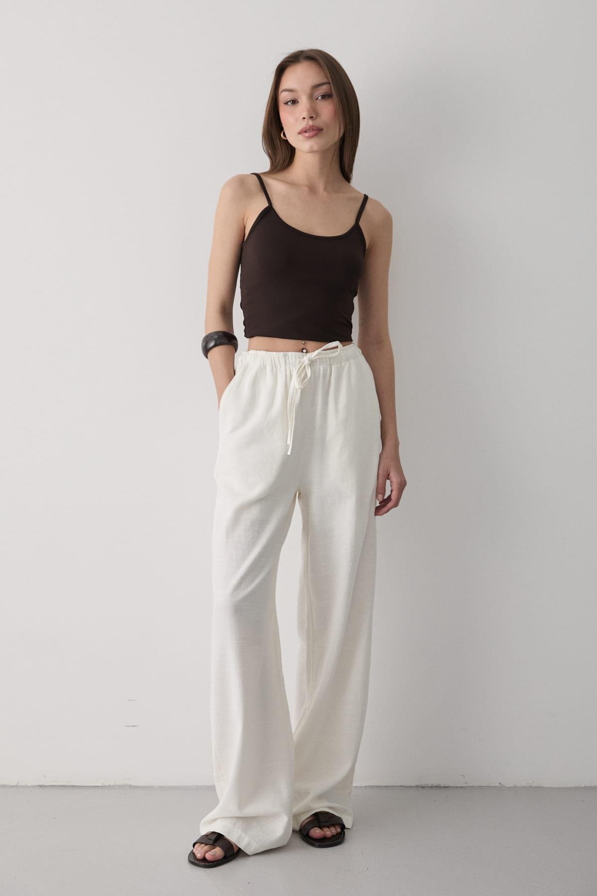 JASTE  Kadın Beli Lastikli Bol Paça Palazzo Keten Pantolon EKRU - Görsel 2