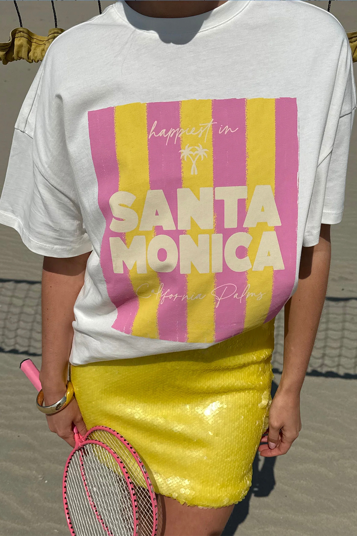 The Champ Clothing  Kadın Oversize Tişört Santa Monica Baskılı Beyaz – Bisiklet Yaka, %100 Pamuk Compact Süprem 24/1 - Görsel 7