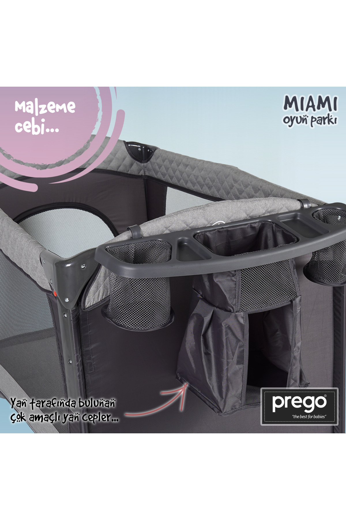 Prego Miami 70x110 Anne Yanı Beşik ve Oyun Parkı Yatak Gri - Sallanabilir ve Tekerlekli Park Yatak fotoğrafı 6 (önizleme)