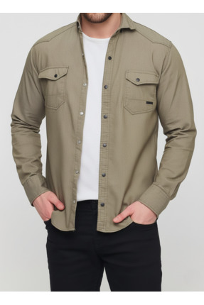 a02teks Slim Fit Erkek Kot Gömlek Açık Haki
