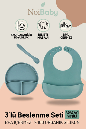 Genel Markalar Yeşil 3’Lü Silikon Yemek Seti – Önlük + Diş Kaşıyıcılı Kaşık +...