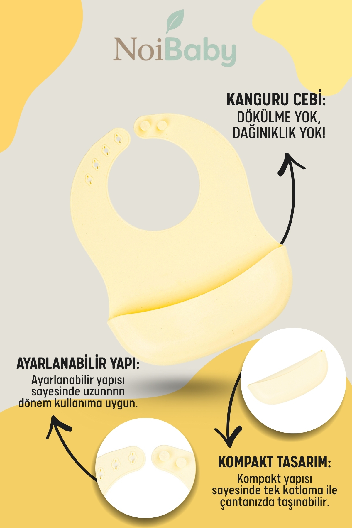 NoiBaby Sarı 3’Lü Silikon Yemek Seti – Önlük + Diş Kaşıyıcılı Kaşık + Vakumlu Tabak fotoğrafı 3 (önizleme)