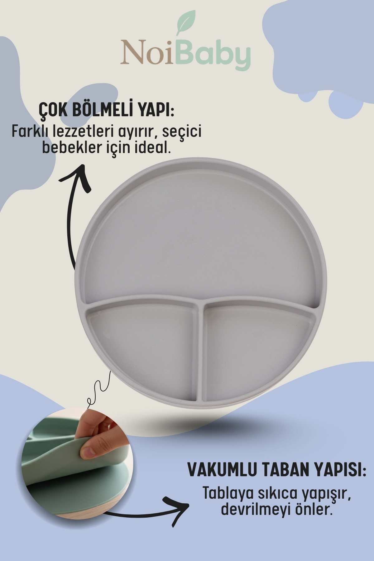 NoiBaby Gri 3’Lü Silikon Yemek Seti – Önlük + Diş Kaşıyıcılı Kaşık + Vakumlu Tabak fotoğrafı 5 (önizleme)
