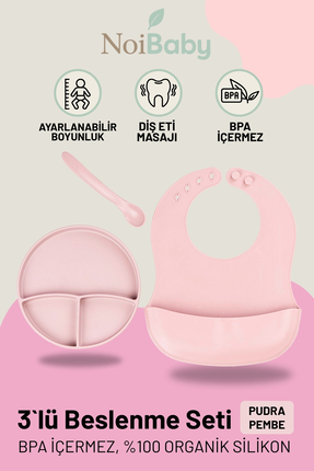 NoiBaby Pembe 3’lü Silikon Yemek Seti – Önlük + Diş Kaşıyıcılı Kaşık + Vakuml...