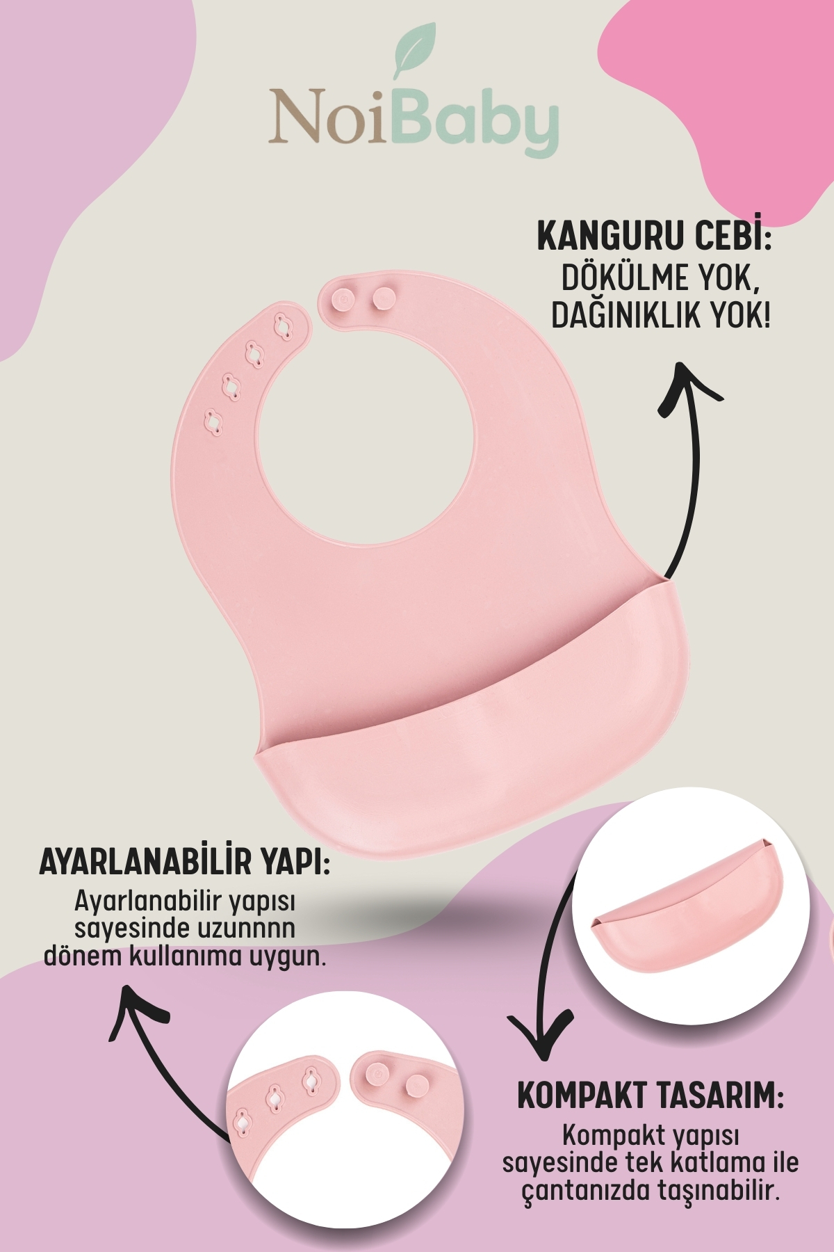 NoiBaby Vakum Tabanlı Silikon Tabak -Diş Kaşıyıcılı Kaşık-Silikon Önlük-Bebek Beslenme Seti 3'lü Set-(Pembe) fotoğrafı 2 (önizleme)