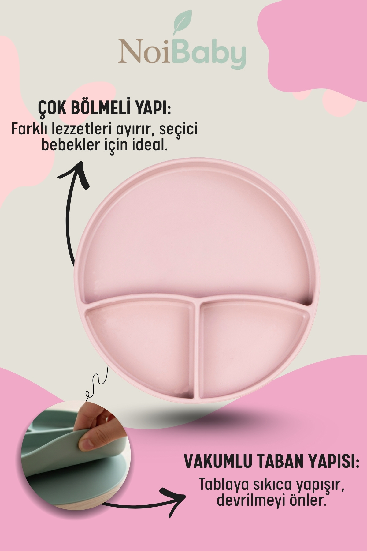 NoiBaby Vakum Tabanlı Silikon Tabak - Silikon Kaşık 2'li Set - ( Pembe ) fotoğrafı 3 (önizleme)
