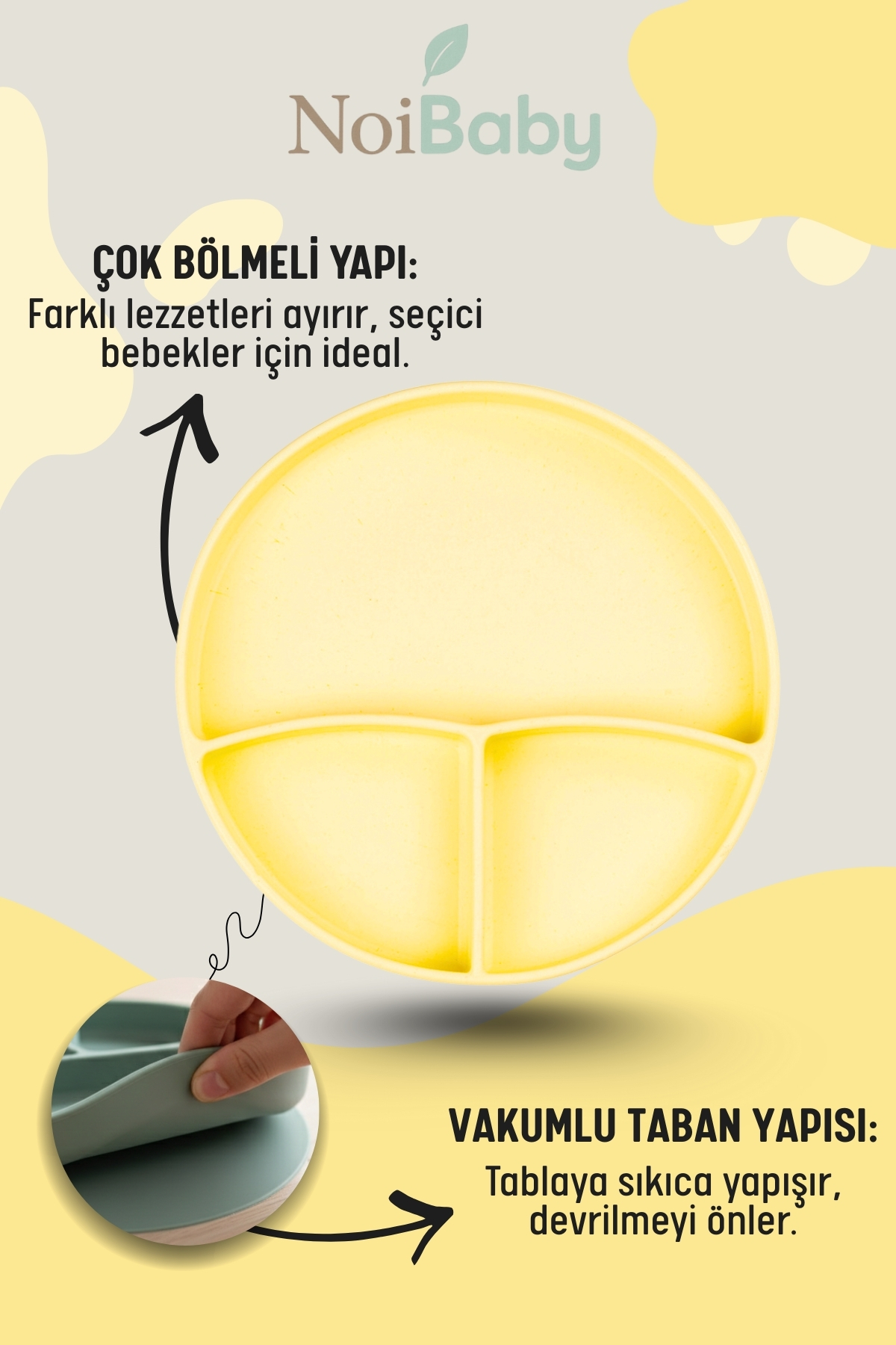 NoiBaby Vakum Tabanlı Silikon Tabak - Silikon Kaşık 2'li Set - ( Sarı ) fotoğrafı 3 (önizleme)