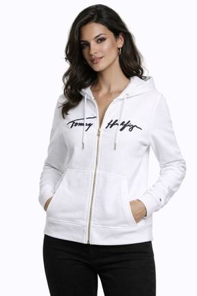 Tommy Hilfiger Fermuarlı ve özel NAKIŞ  logolu RAHAT KESİM  kadın kapüşonlu üst