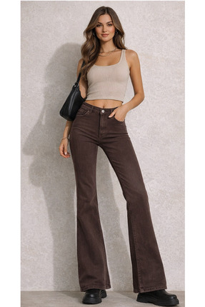 ENDİCİ Kadın Yüksek Bel İspanyol Paça Kahverengi Pantolon