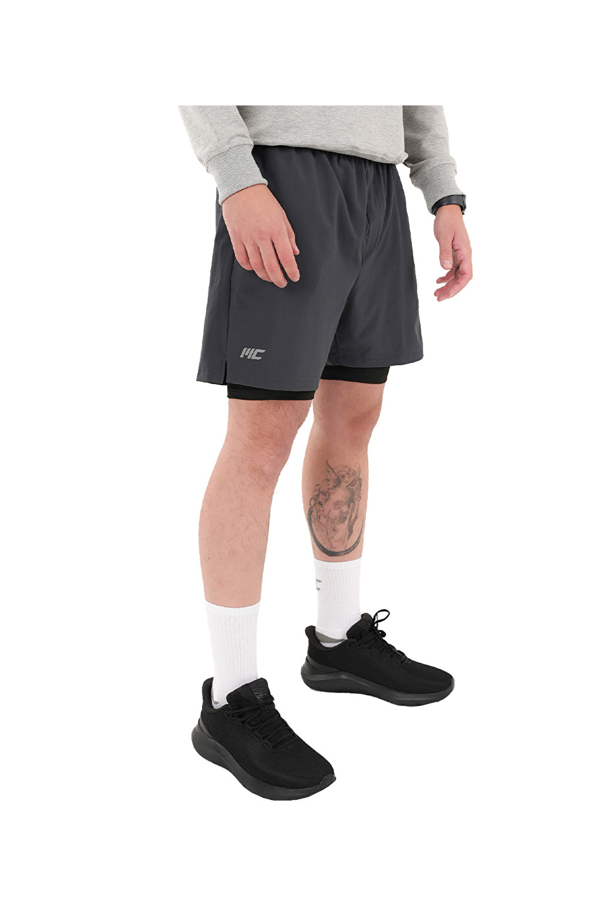 شلوارک لگینگ مردانه دو در یک، خاکستری مشکی  شورت ورزشی MUSCLECLOTH