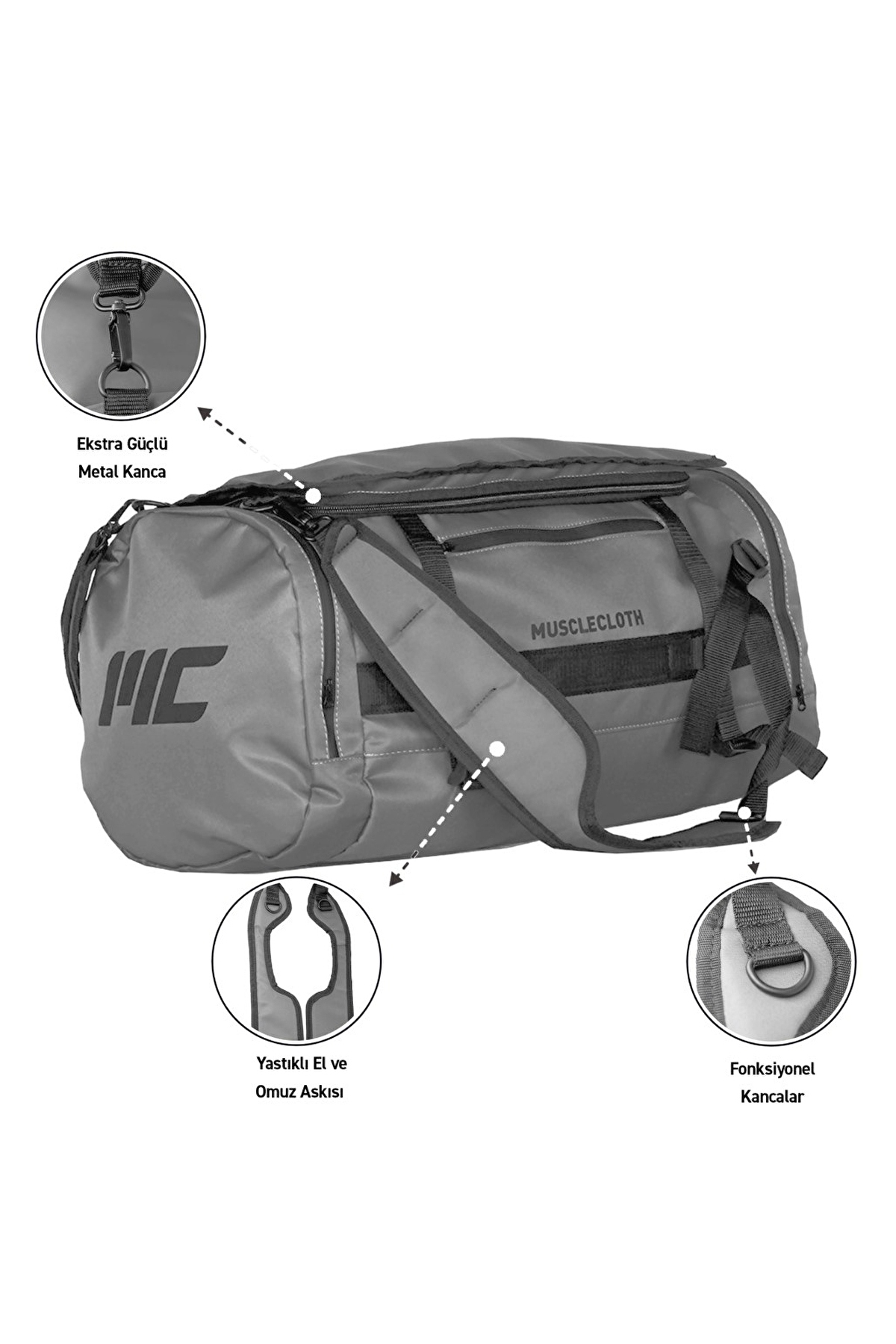 MUSCLECLOTH Convertible Spor Çanta Gri 40 L görsel 4
