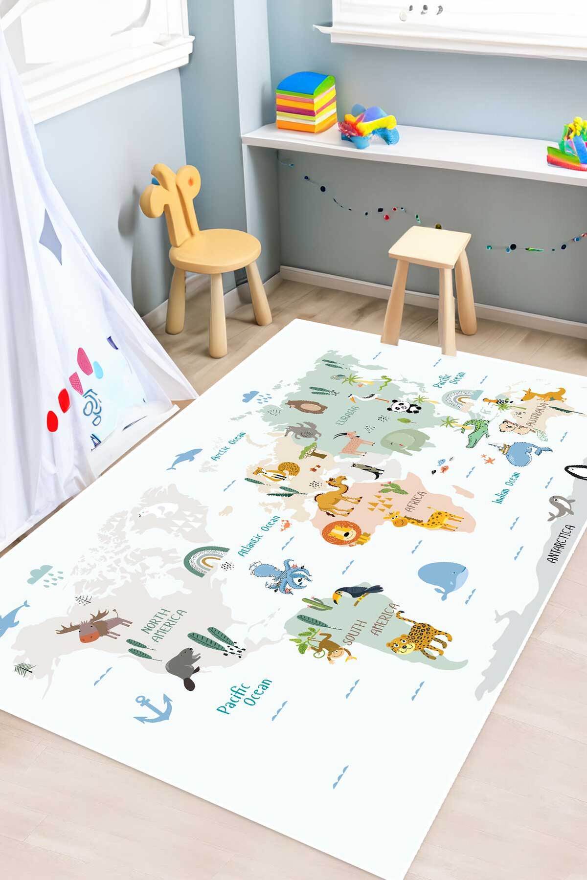 Digital Anti-Slip Washable Cute Animals & World Map Kids Rug Play Rug