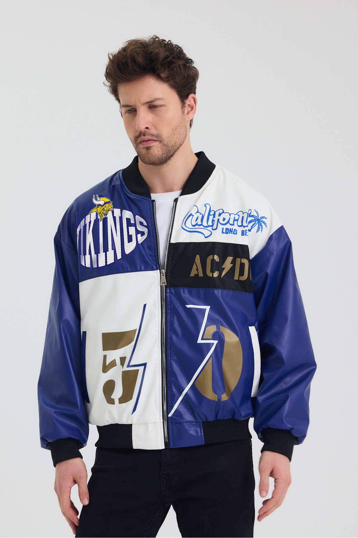 Black Level  Erkek Oversize Deri Garnili Baskılı Motorcu Montu Kolej Ceketi Bomber Günlük Mont - Görsel 4