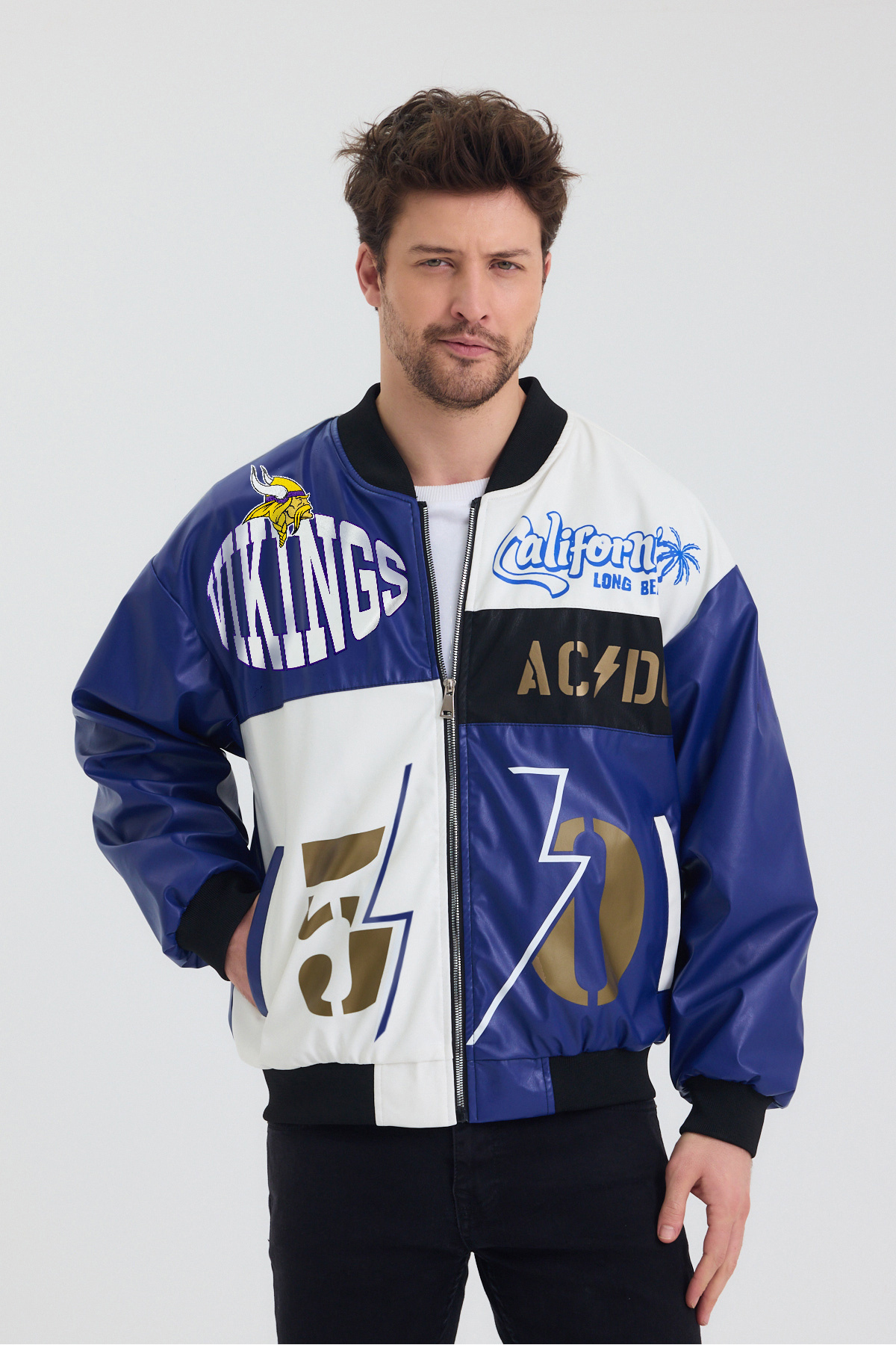 Black Level  Erkek Oversize Deri Garnili Baskılı Motorcu Montu Kolej Ceketi Bomber Günlük Mont