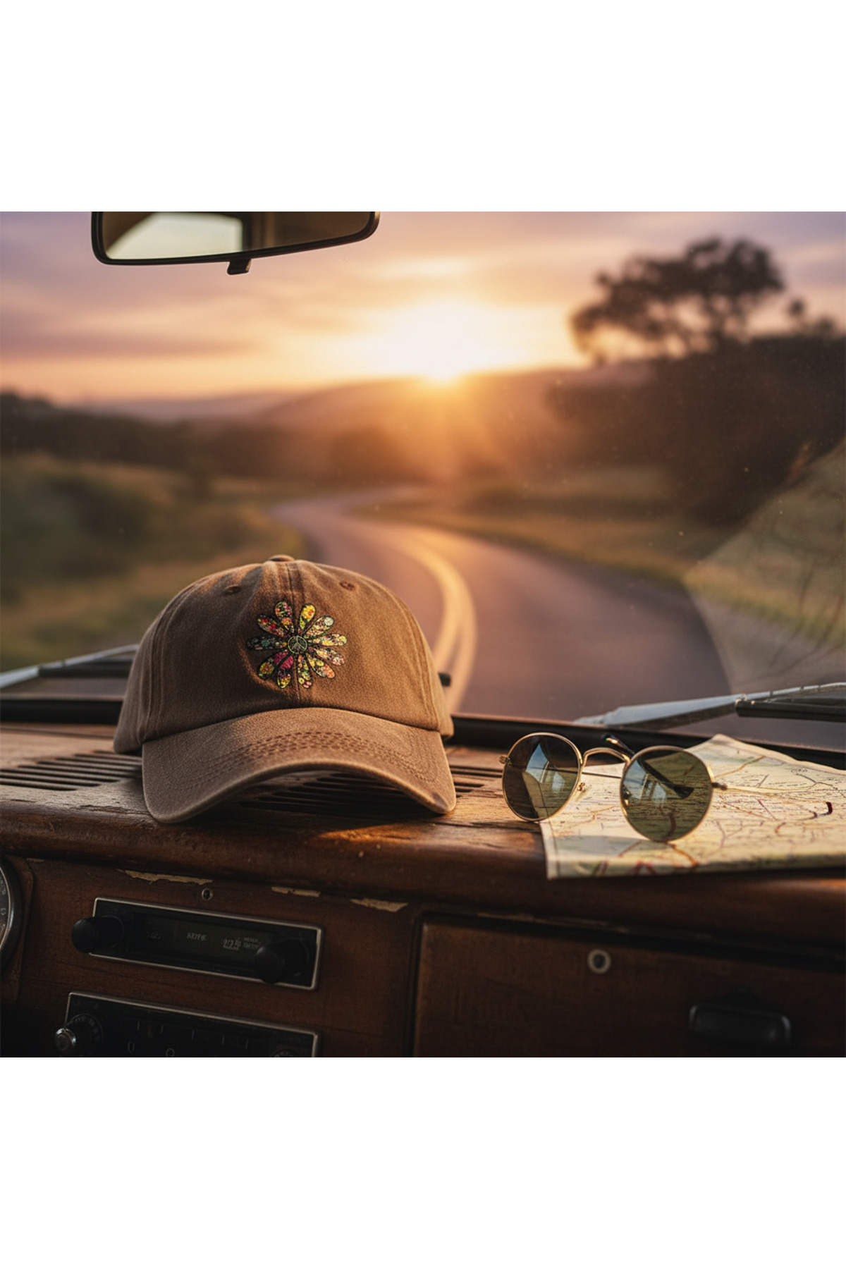 DesDesign  Boho Çiçek Peace Baskılı Şapka – Kahverengi Yıkamalı Unisex Cap - Görsel 5